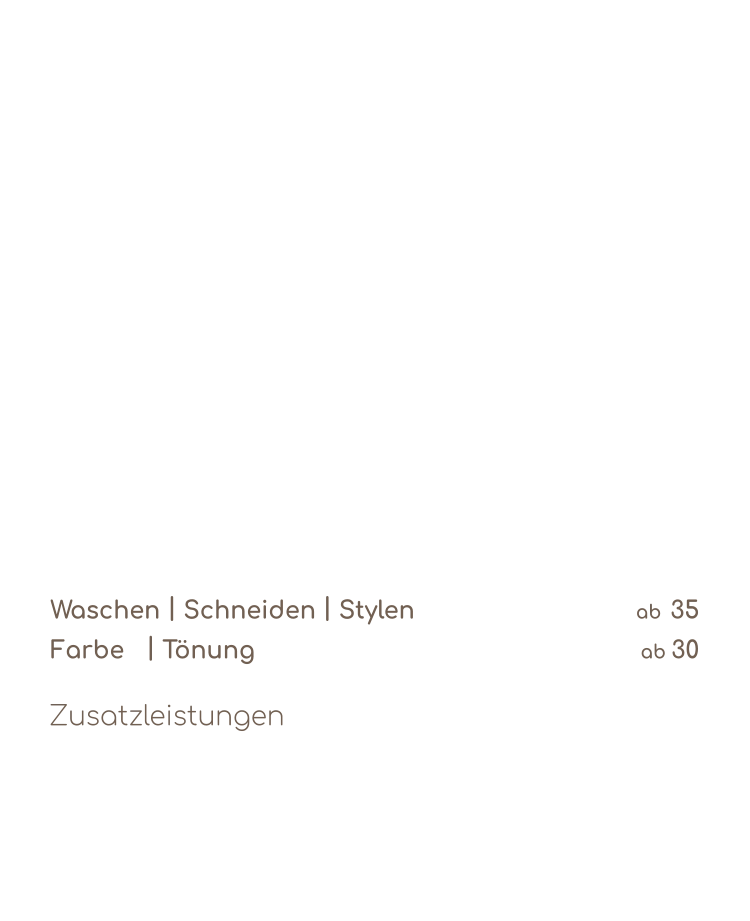 Waschen  |  Schneiden  |  Stylen              35 ab Farbe  |  Tönung 30           ab  Zusatzleistungen